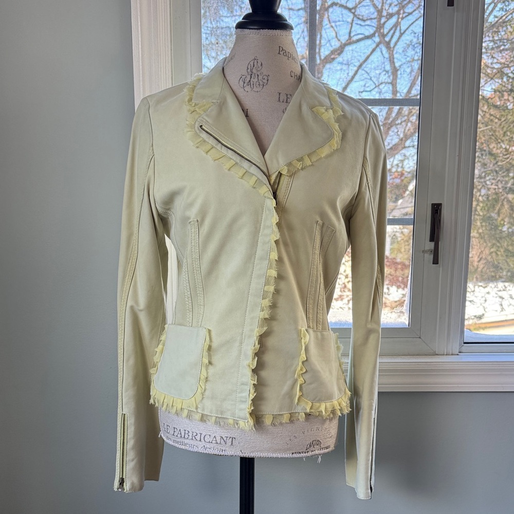 Visconf Italian leather‎ moto jacket silk trim soft sage green EUC size M